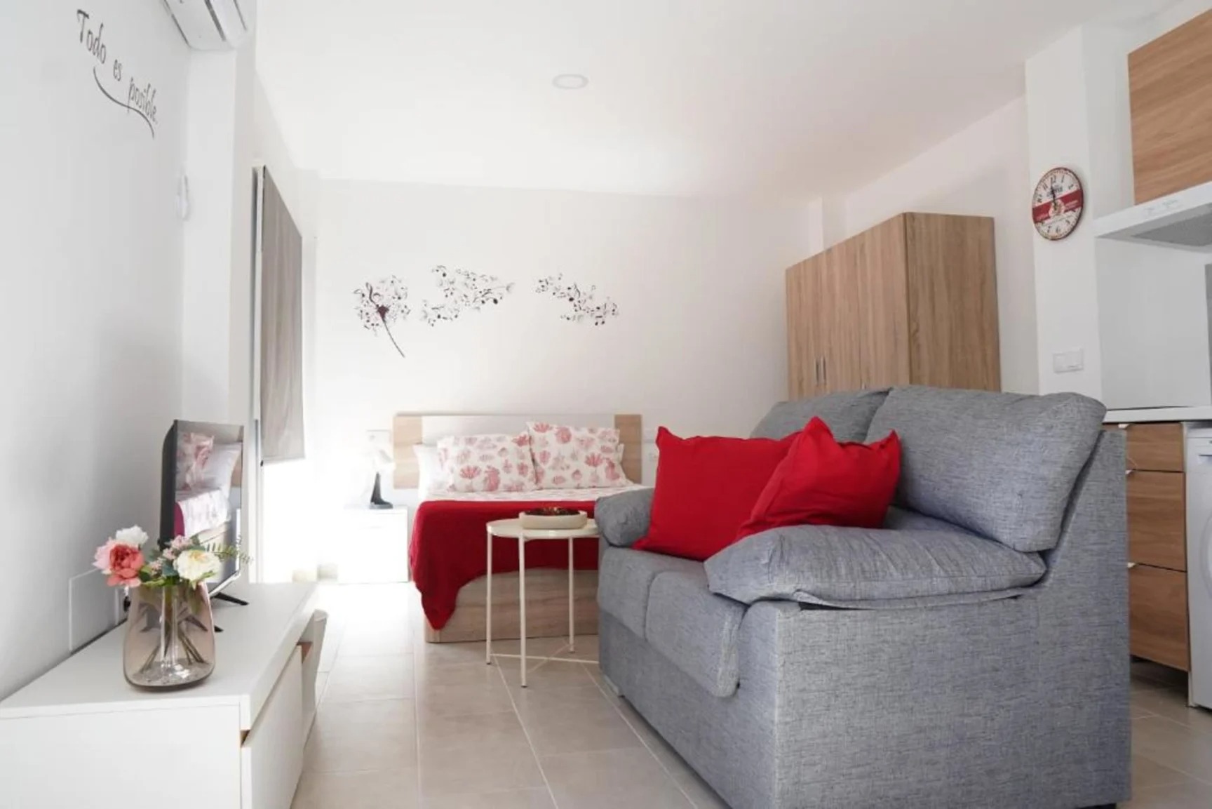 Estudio tipo loft con cama, sofá y cocina equipada